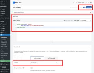 Step-by-step process using WPCode → Add Snippet to correctly place AMP Auto Ads code